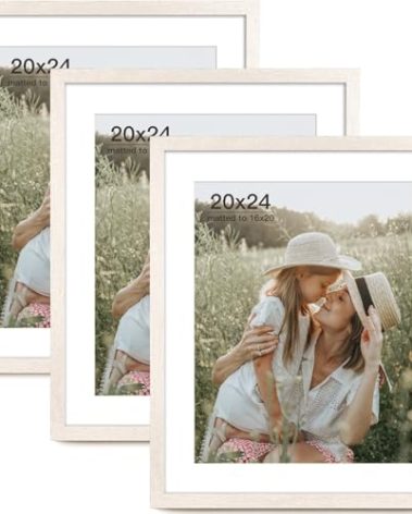 Momentworth 20x24 Picture Frame with Mat for 16x20 Set of 3, Rustic White Wood Grain 20x24 Frame for Wall Mounting (3 Pack, White)