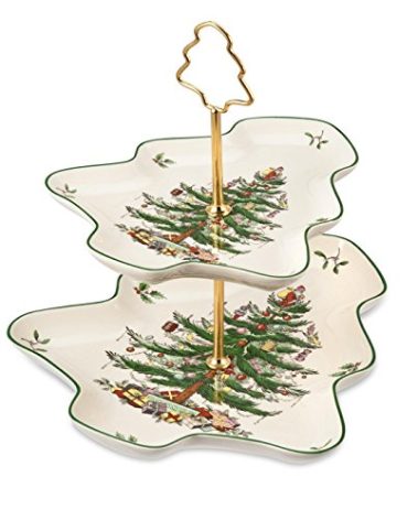 Spode Christmas Tree 2-Tiered Server, Tree-Shaped - Holiday Cupcake Stand, Dessert Display Set, Porcelain Serving Platter, 10" & 8" Plates, Dishwasher Safe Serveware for Appetizers, Desserts, Cookies