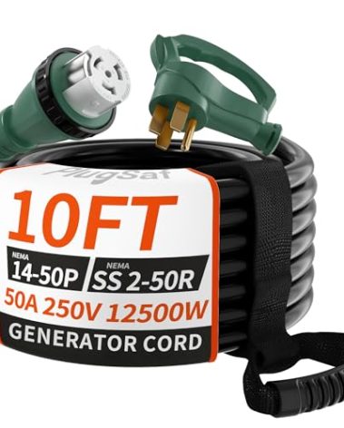 PlugSaf 50 Amp Generator Cord, 10FT 50 Amp RV Extension Cord with Twist Lock, Generator Cable 50A 4 Prong, NEMA 14-50P to SS2-50R Heavy Duty STW Wire for RV Camper & House