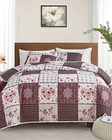 Patchwork Quilt Set King Size, 3 Pieces Brown Floral Plaid Summer Bedspread Coverlet Set, Soft Microfiber Reversible Lightweight Bed Cover for All Season (102" x 90", 1 Quilt+ 2 Pillow Shams)