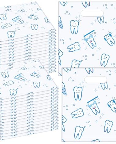 Aliceset 300 Pcs Tooth Merchandise Bags with Handles Plastic Dental Bags for Patients Dental Gifts Bulk for Dentist Office Goodie Packaging Appreciation Gifts Retail Party Favor, 8.27x9.45in (Sweet)