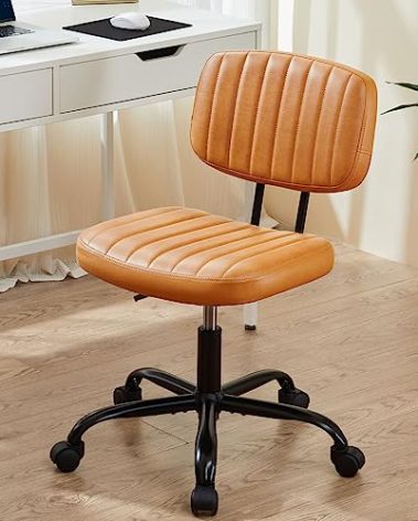 Sweetcrispy Small Office Desk Chair with Wheels Armless Comfy Computer Chair with Lumbar Support, PU Leather Low Back Adjustable Height 360° Rolling Swivel Task Chair Without Arm for Home, Bedroom