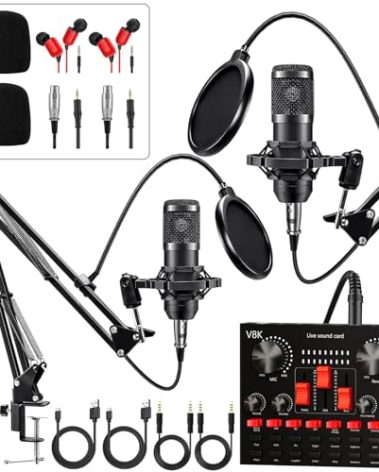 Brvomussy Podcast Equipment Bundle for 2, Audio Interface with Voice Changer Condenser Microphone for Gamer, All-in-One Audio Mixer Perfect for Live Streaming, Singing, YouTube, Gaming