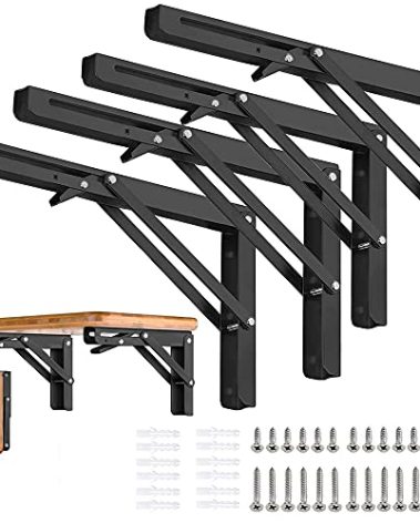 AUTOHJ Folding Shelf Brackets 18 inch 4 Pcs - DIY Wall Mounted Shelf Bracket for Garage Workstation, Stuff Supports, Plant Stand - Heavy Duty Metal Collapsible Floating Shelf Bracket Black