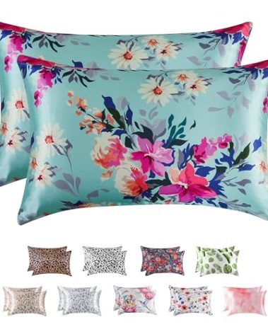 MR&HM Satin Pillowcase for Hair and Skin, Silk Satin Pillowcase 2 Pack, Queen Size Pillow Cases Set of 2, Silky Pillow Cover with Envelope Closure (20x30, Floral Green)