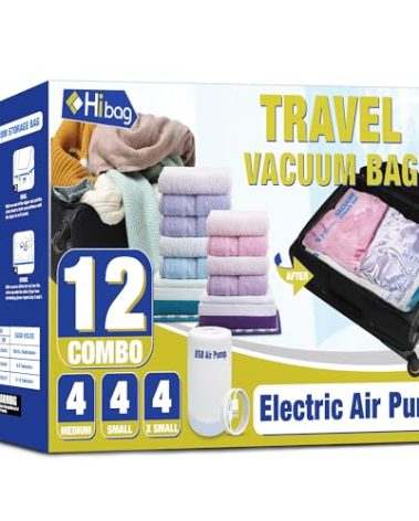 HIBAG Travel Vacuum Bags with Electric Pump for Luggage and Suitcase, Vacuum Seal Compression Packing Bags for Clothes Clothing, Combo 12 Pack