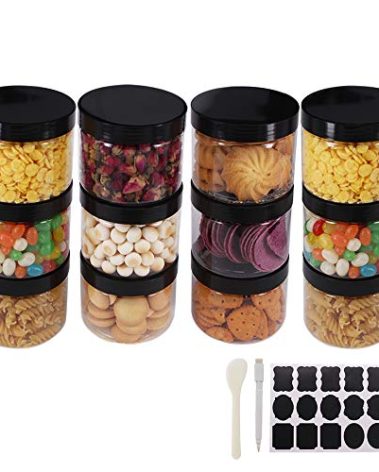 zmybcpack 12 Pack 8 OZ Clear Plastic Jars With Black Lids, A Spatula, A Pen & Labels - BPA Free PET Container for Cosmetics, Cream, Bathroom, Kitchen & Travel Plastic Slime Storage Jars