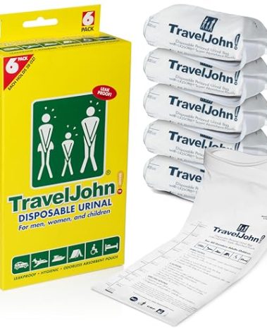TravelJohn Disposable Urinal Bags 28oz (6 Pack) – Road Trip Essentials for Men, Women & Kids – Odorless Leakproof Portable Urine Bags – Ideal for Camping, Emergencies & Long Car Rides (TJ1A-C)
