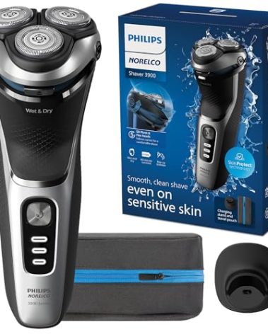 Philips Norelco Shaver 3900 Series, Wet and Dry Electric Shaver, P-Cap, Travel Pouch, Charging Stand, Storm Blue, Model S3341/92