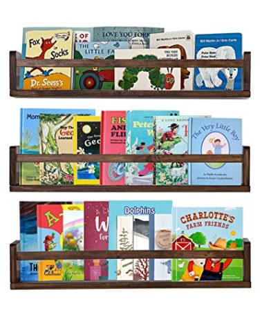 AZSKY Nursery Book Shelves 24 in Set of 3 Walnut Floating Bookshelf for Kids Room Wall Mounted Floating Shelves Solid Nursery Bookshelf Perfect Decor for Kitchen Bedroom Living Room