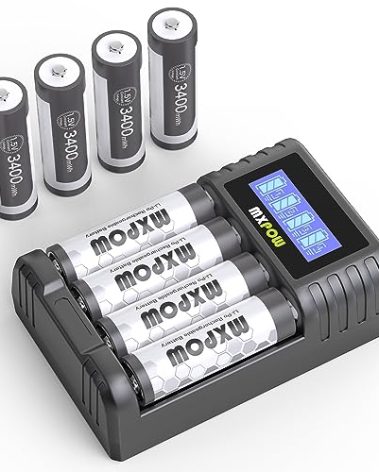 MXPOW Lithium Batteries AA 8 Pack with Charger, 3400mWh High Power Lithium,1.5V Rechargeable Li-ion Batteries AA 1400+ Cycles (LCD Charger+8Pack-3400mWh)