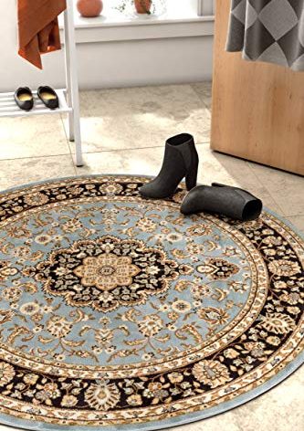 Well Woven Barclay Collection Medallion Kashan Light Blue 8 ft Round Rug - for Living Room, Bedroom, and Dining Room