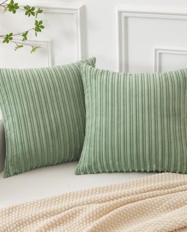 Kevin Textile Striped Velvet Cushion Cover for Chair 2 Packs Spring Supersoft Handmade Decorative Pillowcase for Bed Bench, 50cm, 20 x 20 Inch, Sage Green