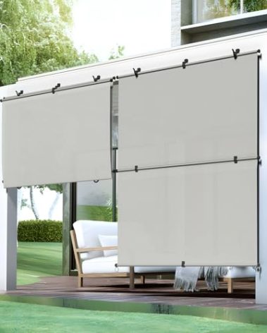 Bynbbur 7'W x 6'H Outdoor Patio Shades Foldable Roller Blinds, 220 GSM Sun Shade Roll Up Porch Screens Exterior Shade Cloth for Deck Pergola Backyard, Light Gray