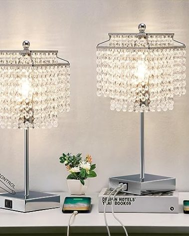 Luvkczc Crystal Table Lamp with Touch Control Set of 2, USB Bedside Table Lamp with USB C+A Ports, Dimmable Lamp with Crystal Shade for Bedroom, Living Room, 6W LED Bulb Included