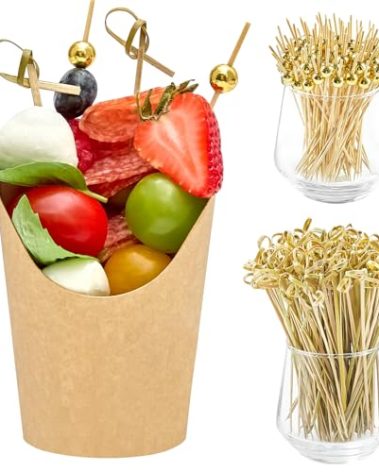 ZORRITA 50 Sets 8 oz Small Charcuterie Cups with Sticks, Disposable Kraft Paper Charcuterie Boxes French Fry Holders Individual Appetizer Serving Cups (50 Cups + 200 Cocktail Picks)