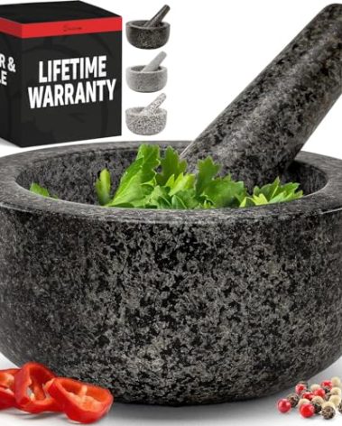Priority Chef Heavy Duty Mortar and Pestle Set, 1.5 Cup, 100% Granite, Non Slip Base, Make Fresh Guacamole, Salsa, Pesto, Stone Grinder Bowl, Herb Crusher, Spice Grinder, 5.5 Inch - Black