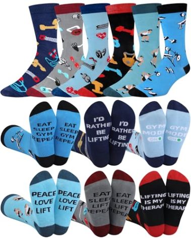 Glitopper 6 Pairs Funny Gym Lover Socks Gifts for Men Novelty Weightlifting Cotton Crew Sock Workout Fitness Gifts for Gym Lovers Bodybuilder Weightlifters