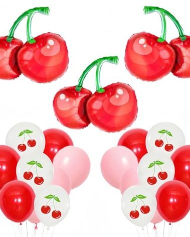 21Pcs Cherry Balloons for She's The Cherry On Top Party/Cherry Birthday Decorations for Girls/Summer Fruit Party Decorations/Berry Cherry Cake Toppers for Fruit Girls/Summer Fruit Foil Balloons