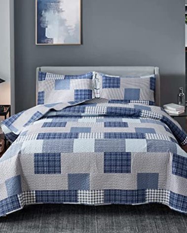 Bedspread Set Twin Size Plaid Quilt Bedding Twin Grey Blue Patchwork Modern Lightweight Quilt Bedspread Home Reversible Coverlet-Soft Polyester 3 Piece Quilt Set Collection