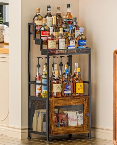 Tiered Liquor Stand with Bar Cabinet for Home, Large-Capacity Wine Rack Freestanding Floor, Stepped Display Shelf Featuring Mesh Door Holds Whiskey & Syrup Bottles, Corner Storage Ideal in living room