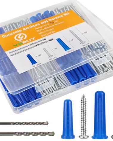 VGBUY 180PCS Conical Concrete Anchors and Screws Assortment Kit, 90PCS Concrete Wall Anchors, 90PCS Self Tapping Screws for Masonry Stucco Brick Cement Cinder Block Tile, with 2PCS Drill Bit