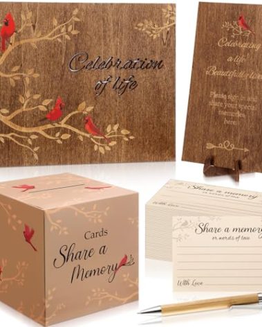 Engrowtic 64 Pcs Wood Cardinal Funeral Guest Book Set Celebration of Life for Memorial Service in Loving Memory 60 Share a Memory Card Card Box Table Sign and Pen for Memorial Service(Wood,Cardinal)