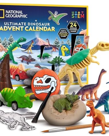 NATIONAL GEOGRAPHIC 2025 Dinosaur Advent Calendar - Christmas Countdown Calendar with 24 Dino Activities & Figures, Paint A Dinosaur Racer, Create a Clay T. Rex, Excavate a Dino Tooth Replica & More