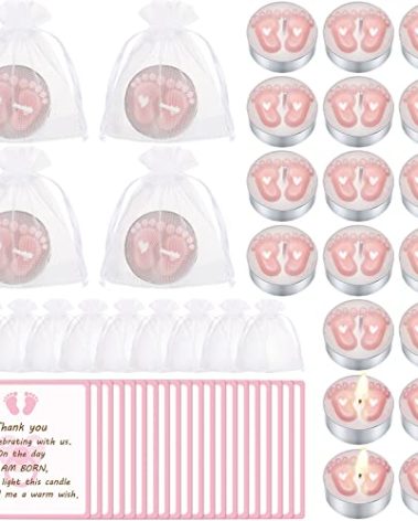 Treela 20 Sets Baby Shower Party Favors Pink Tea Lights Candles with Organza Bag for Guests Cute Feet Shaped Burning Thank You Tags Return Gifts Keepsakes for Baby Shower Gender Reveal Party