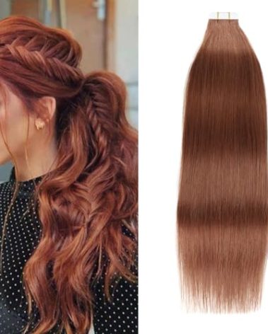 YMEYME Tape in Hair Extensions Human Hair Invisible Reusable Seamless Skin Weft Remy Tape Hair Extensions Double Side Human Hair for Full Head 20Pcs 50g #33 Copper 18inch