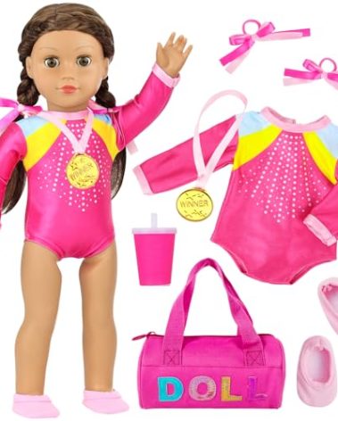 K.T. Fancy 18 Inch Doll Gymnastics Clothes Set - Pink Leotard, Shoes, Gym Bag, Olympic Medal, Water Bottle & Hair Accessories for Play(Doll Not Included)