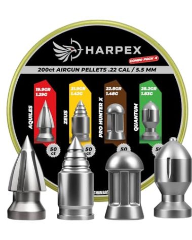 Harpex Combo Pack 4 .22 Cal Airgun Pellets – Variety Pack with Aquiles, Zeus, Pro Hunter X & Quantum – Heavy & Pointed Pellets for Maximum Impact & Deep Penetration – Precision Performance – 200 Count
