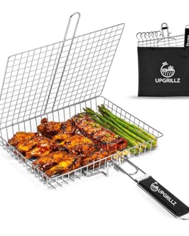 UPGRILLZ Fish Grill Baskets for Outdoor Grill Vegetables, Fish Grilling rack for Grill, BBQ Grilling Basket, Stainless steel Grill Basket for Veggies, shrimp Includes 5 Steel Skewers, Silicon Brush, and Carry Bag