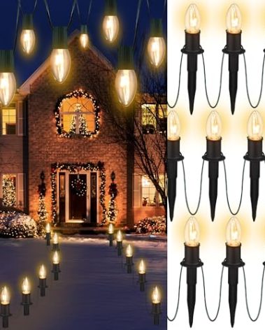 TIORIY Outdoor Warm Christmas Pathway Lights, 24.2ft 20 Lights with Stakes, Outside Walkway Marker, C9 Christmas Decor, Driveway Decorations, Waterproof, Hanging or Plugging