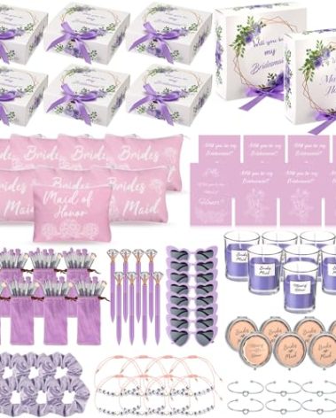 Nuogo 88 Pcs Bridesmaid Proposal Gifts Bridesmaid Box Set Maid of Honor Gift Include Box Candle Invited Cards Scrunchies Hair Elastics Ties Knotted Bracelets Diamond Pens(Purple,Classic)