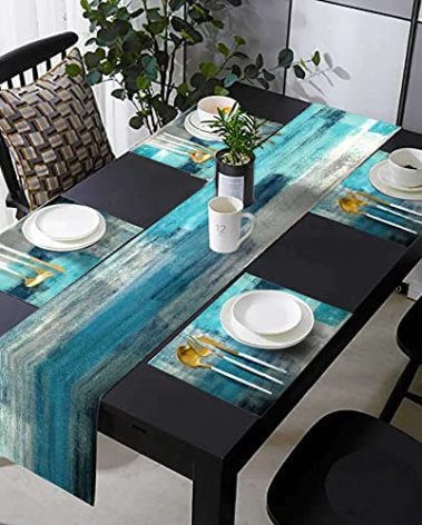 TQFZP Teal Blue Abstract Table Runner and Place Mats Set of 6 Turquoise Teal Placemats Cloth Dining Mat Sets Blue and Grey Modern Table Runners Washable Kitchen Accessories Decor 70 Inches Long