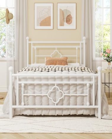 Allewie Twin Size Metal Platform Bed Frame with Victorian Vintage Headboard and Footboard/Mattress Foundation/Under Bed Storage/No Box Spring Needed/Noise-Free/Easy Assembly, White