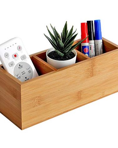 YOSCO Bamboo Wood Pens Pencils Holder Cup for Desk Remote Control Holder, Caddy,Organizer,Desktop Storage with 3 Compartments,Makeup Brush Holder,Silverware Caddy for Party,Office Supplies (3 Grid)