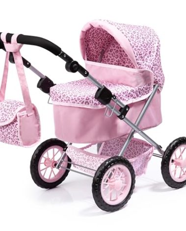 Bayer: Trendy Pram - Pink & Animal Print- Includes Shoulder Bag, Fits Dolls Up to 18", Adjustable Handle, Pretend Play, Shopping Basket