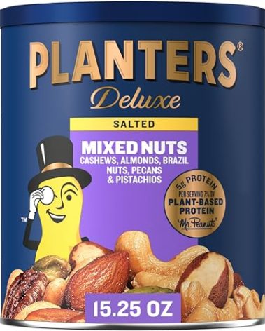 PLANTERS Deluxe Mixed Nuts - Roasted Cashews, Almonds, Brazil Nuts, Pistachios, and Pecans, Plant-Based Protein, Quick Snack, 15.25oz Canister