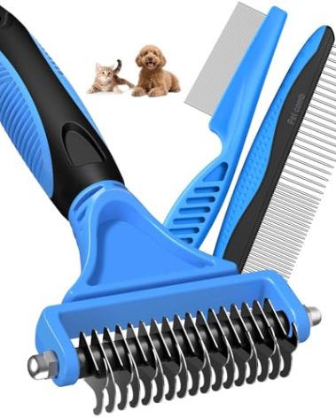 3PCS Pet Grooming Rake & Metal Comb & Flea Comb for Cats and Dogs, Double-Sided Dematting Tool, Extra-Wide Deshedding Dog Brush for Long Hair to Effectively Remove Tangles, Knots and Mats (Blue)