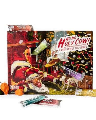 Man Crates Jerky Advent Calendar 2025 Featuring "Ho-Ho-Holy Cow" Artwork – Includes 25 Delicious Bites of Beef Jerky – Delicious Flavors Like Pinot Noir, Maple Bourbon, and More