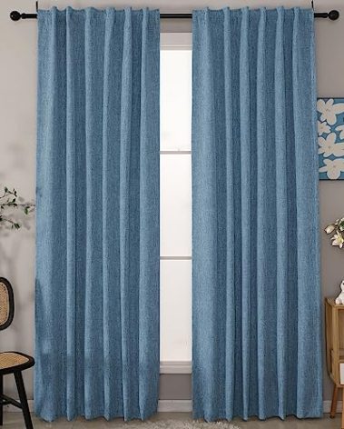 INLINAS 52 x 84 Inch Linen Bamboo Knots Texture Blackout Curtains - 100% Light Blocking, Noise Blueucing Triple Layer Fabric Back Tab and Rod Pocket for Bedroom, Set of 2, Blue