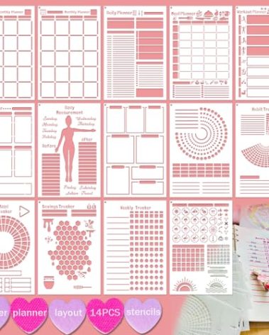 Journal Stencils, 14 PCS A5 Plastic Reusable Multi-Functional Tracker & Planner Stencils for Dotted Journals, Easily to Track Your Daily Life and Create Custom Layout for Dot Journal Notebook