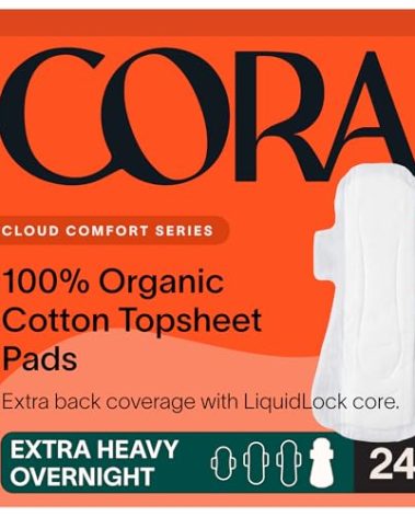 Cora 100% Organic Cotton Topsheet Pad | Ultra Thin Period Pads with Wings | Extra Heavy Overnight Absorbency | Unscented Ultra-Absorbent Sanitary Pads for Women (24 Count)