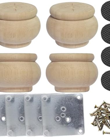 Btibpse 2 Inch Wooden Furniture Legs, Solid Wood Unpainted Replacement Furniture Legs, Cabinet Legs/Desk/Sofa/Bookcase Bun Feet, DIY Wooden Round Legs with Mounting Plate & Screws Set of 4 (2 Inch)