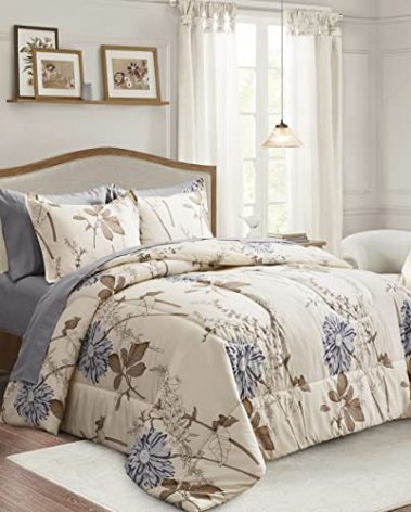 Joyreap 7 Piece Bed in a Bag King, Elegant Flower Botanical Smooth Soft Microfiber Floral Comforter Set for All Season (1 Comforter, 2 Pillow Shams, 1 Flat Sheet, 1 Fitted Sheet, 2 Pillowcases)