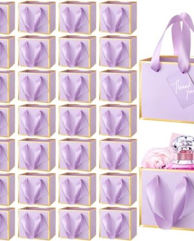 Yeaqee 50 Pcs Mini Metallic Foil Gift Bags with Handles 4x4.75x2.25'' Valentine Tiny Thank You Favor Bag with Tag for Winter Galentine New Year Welcome Wedding Baby Shower Birthday(Lavender, Gold)