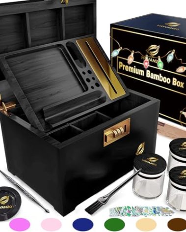 HOVANZO Premium Large Bamboo Storage Box with Removable Tray - Storage Wood Box for Herbs and Accessories - Storage Box Set with Combination Lock - Smell Proof Container with Accessories