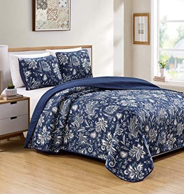 Luxury Home Collection 3 Piece Full/Queen Quilted Reversible Coverlet Bedspread Set Floral Printed Navy Blue White Gray